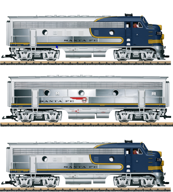 LGB--20585-20587-20585 Santa Fe Diesellokset F7A-F7B-F7A blau/verchromt, Abholartikel, Pr21